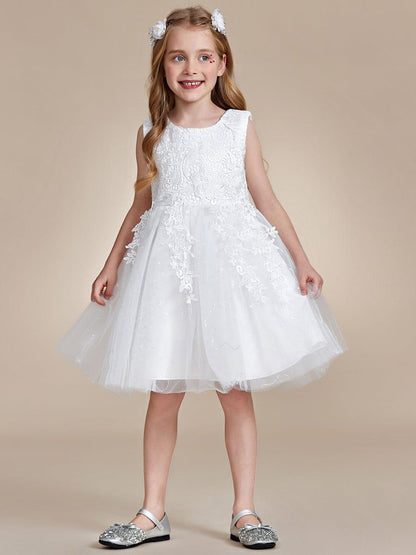 VIANNE|Elegant Lace Sleeveless Embroidered A-Line Flower Girl Dress with Bowknot