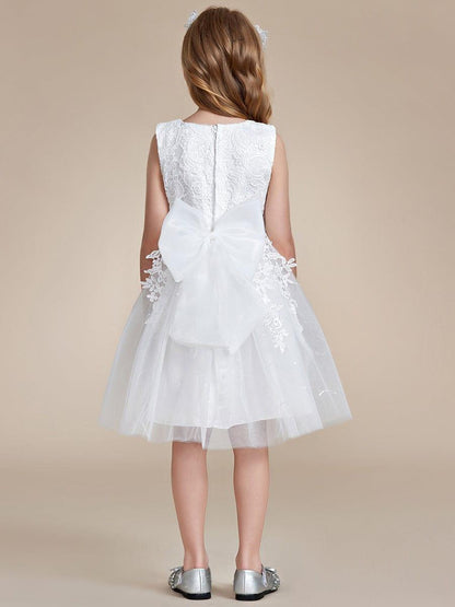VIANNE|Elegant Lace Sleeveless Embroidered A-Line Flower Girl Dress with Bowknot