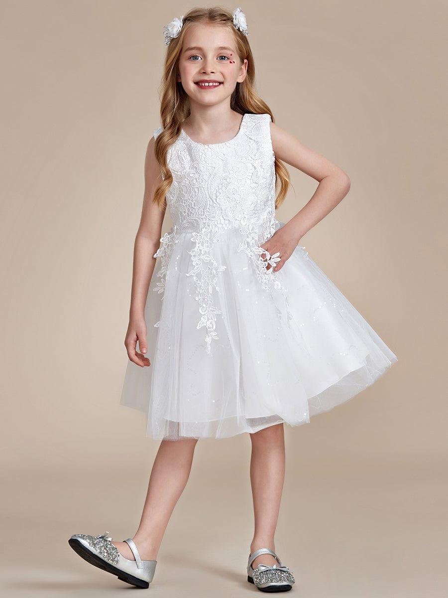 VIANNE|Elegant Lace Sleeveless Embroidered A-Line Flower Girl Dress with Bowknot