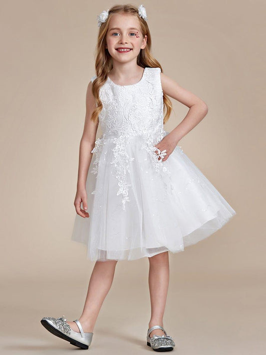 VIANNE|Elegant Lace Sleeveless Embroidered A-Line Flower Girl Dress with Bowknot