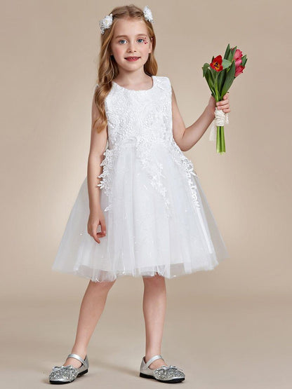 VIANNE|Elegant Lace Sleeveless Embroidered A-Line Flower Girl Dress with Bowknot