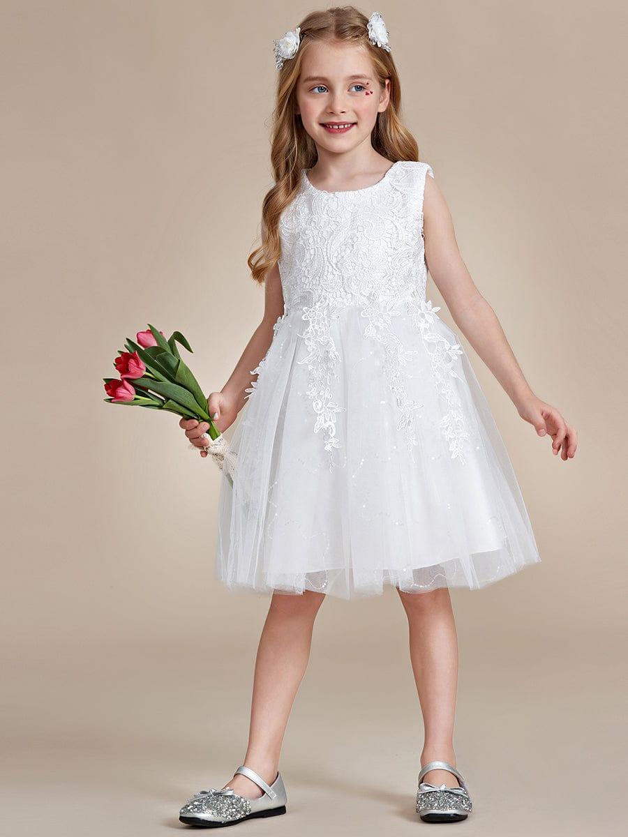 VIANNE|Elegant Lace Sleeveless Embroidered A-Line Flower Girl Dress with Bowknot