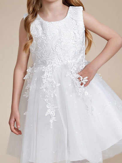 VIANNE|Elegant Lace Sleeveless Embroidered A-Line Flower Girl Dress with Bowknot