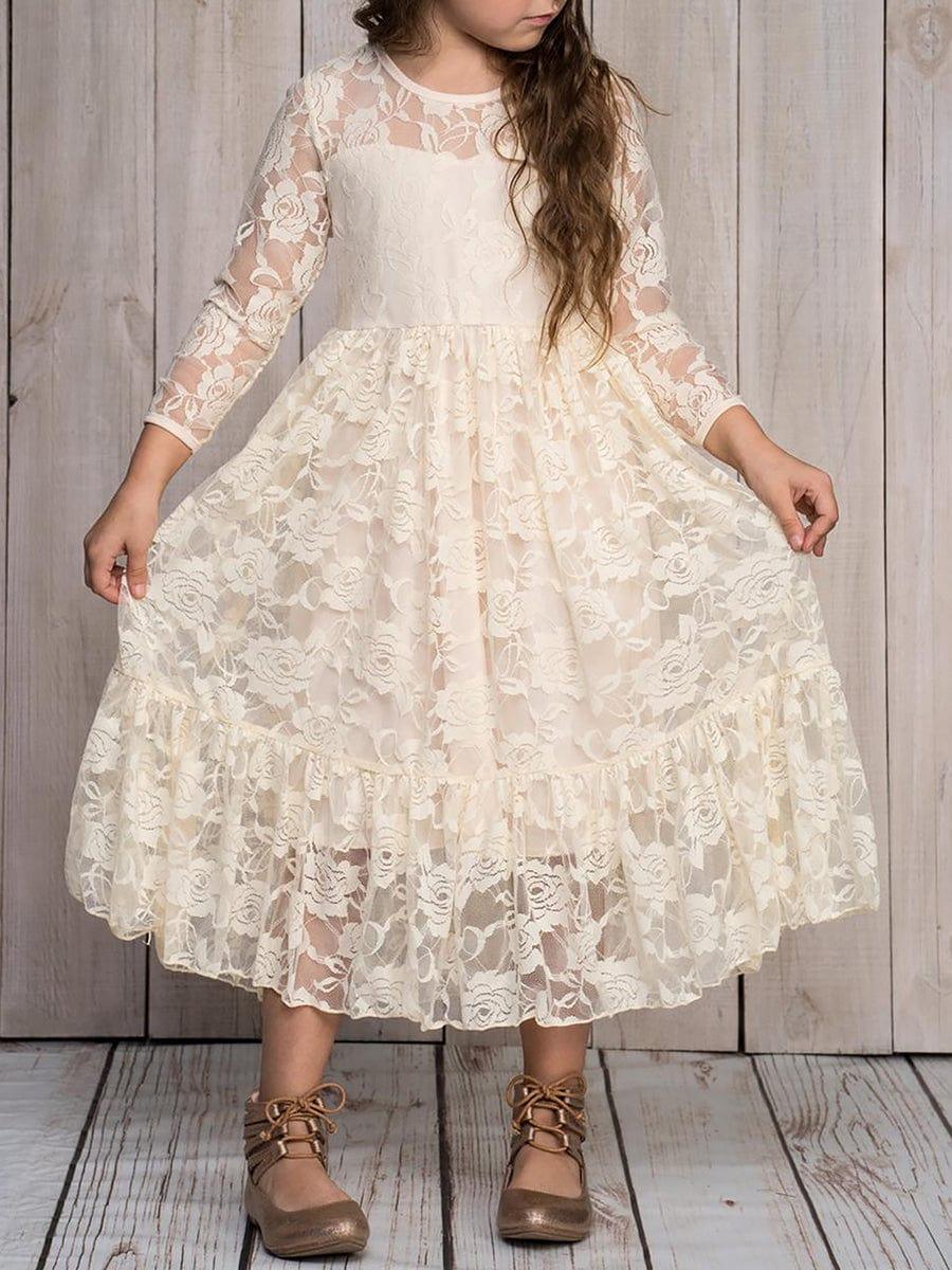 TIALORA|Pure Lace Long-Sleeve Round Neckline Flower Girl Dress