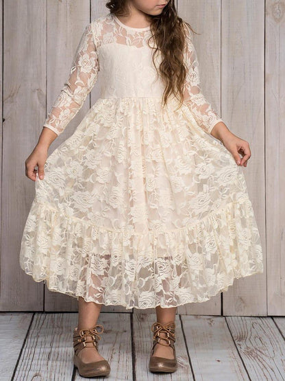 TIALORA|Pure Lace Long-Sleeve Round Neckline Flower Girl Dress