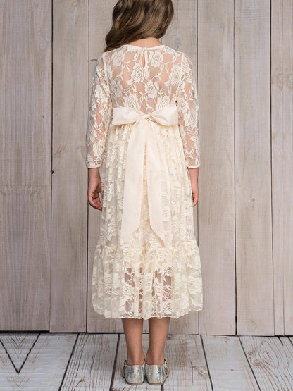 TIALORA|Pure Lace Long-Sleeve Round Neckline Flower Girl Dress