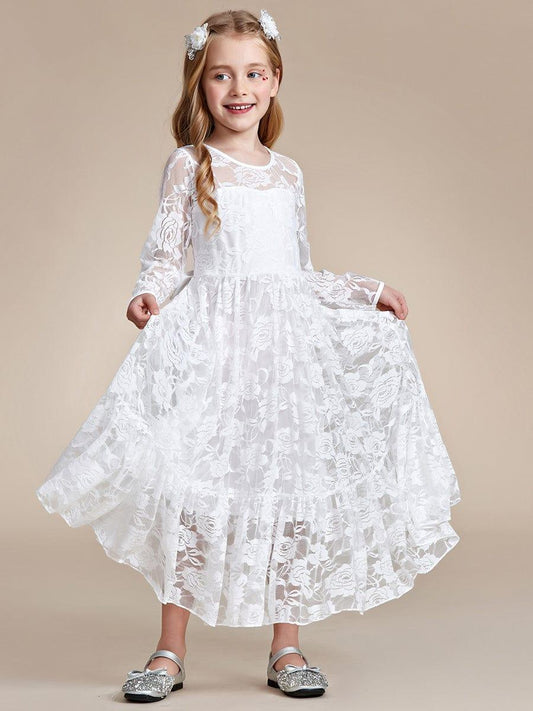 TIALORA|Pure Lace Long-Sleeve Round Neckline Flower Girl Dress