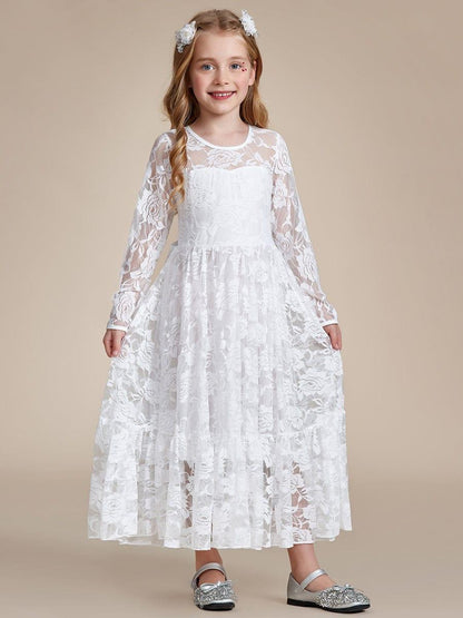TIALORA|Pure Lace Long-Sleeve Round Neckline Flower Girl Dress