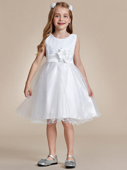ROSABELLE|Sequin Bodice Double hemline Short Flower Girl Dress with Bowknot