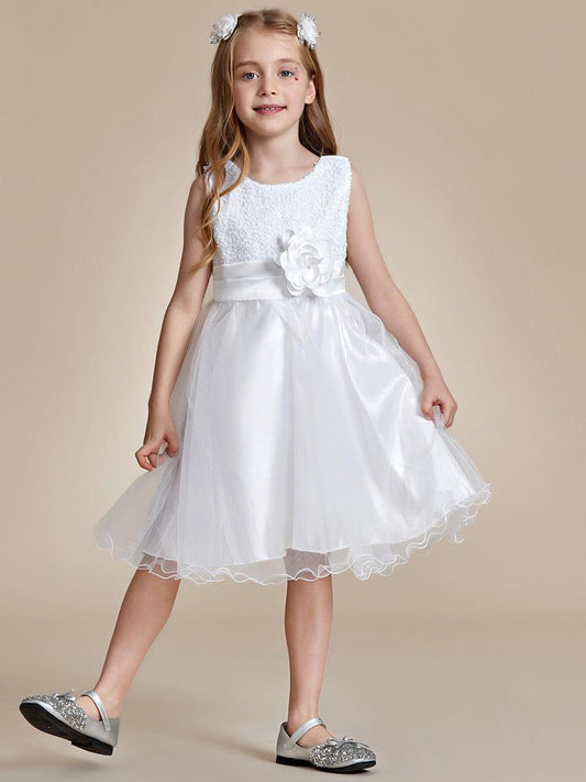 ROSABELLE|Sequin Bodice Double hemline Short Flower Girl Dress with Bowknot