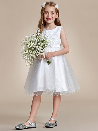 ROSABELLE|Sequin Bodice Double hemline Short Flower Girl Dress with Bowknot
