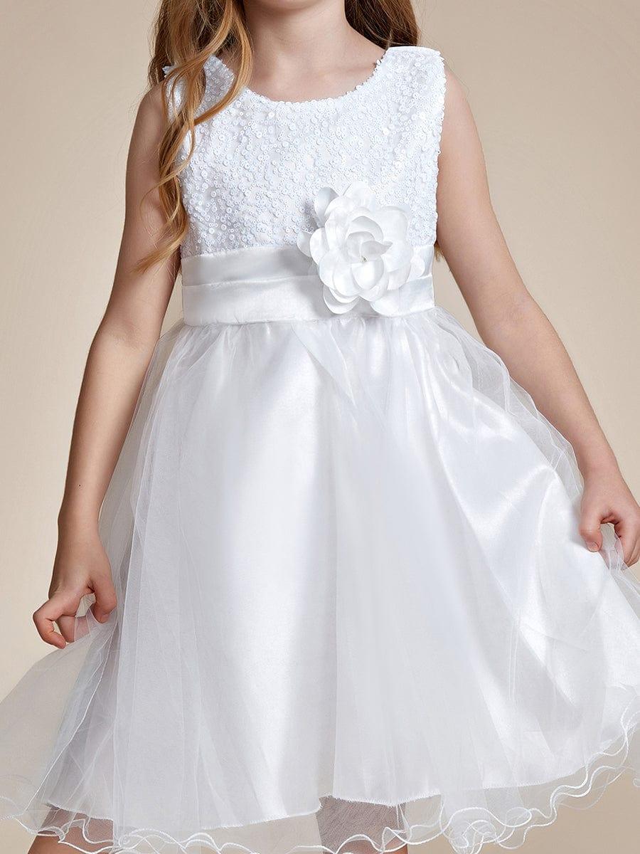ROSABELLE|Sequin Bodice Double hemline Short Flower Girl Dress with Bowknot