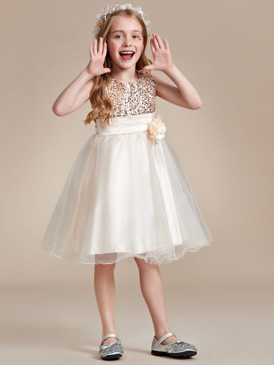 ROSABELLE|Sequin Bodice Double hemline Short Flower Girl Dress with Bowknot