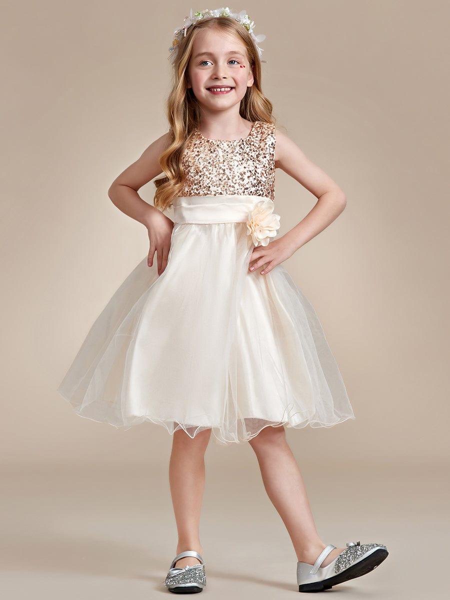 ROSABELLE|Sequin Bodice Double hemline Short Flower Girl Dress with Bowknot