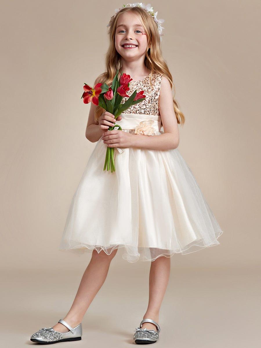 ROSABELLE|Sequin Bodice Double hemline Short Flower Girl Dress with Bowknot