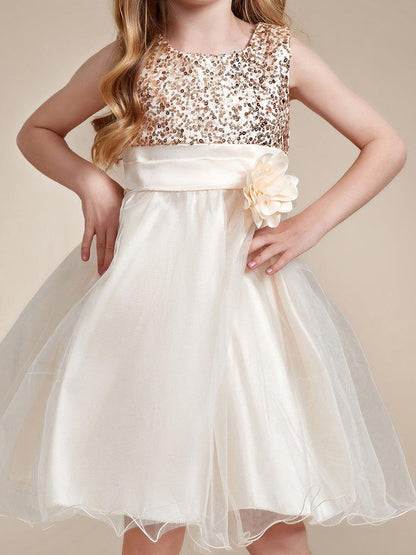 ROSABELLE|Sequin Bodice Double hemline Short Flower Girl Dress with Bowknot