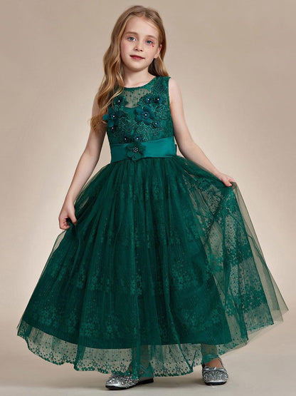 ELPHARINA|Floral Tulle Applique Princess Flower Girl Dress With Satin Back