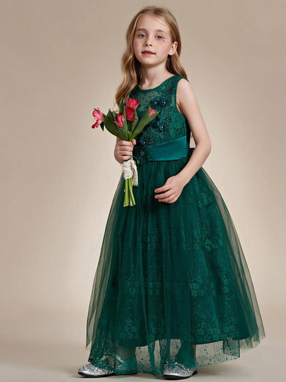 ELPHARINA|Floral Tulle Applique Princess Flower Girl Dress With Satin Back