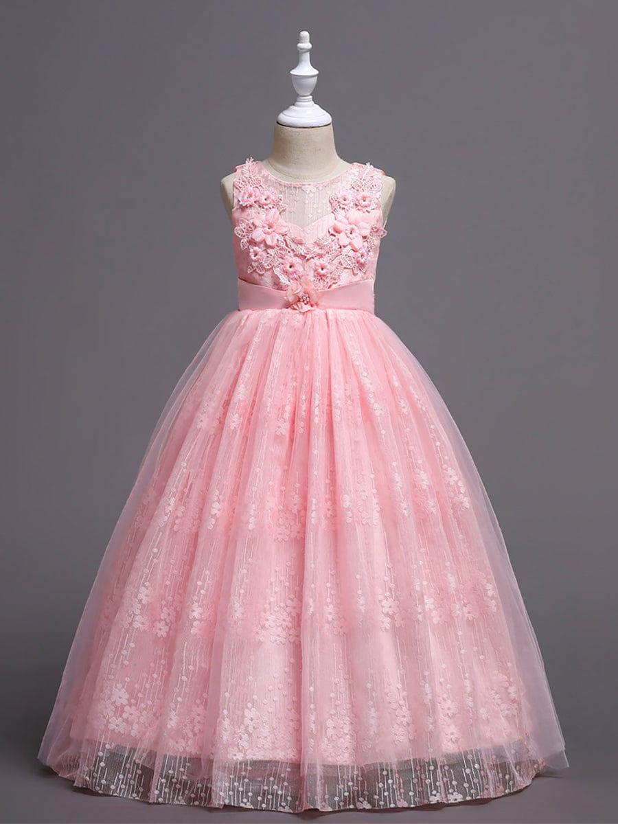 ELPHARINA|Floral Tulle Applique Princess Flower Girl Dress With Satin Back