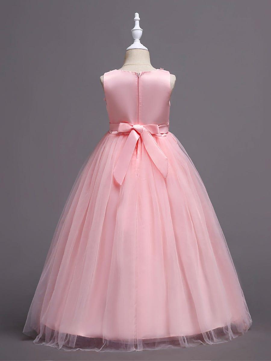 ELPHARINA|Floral Tulle Applique Princess Flower Girl Dress With Satin Back