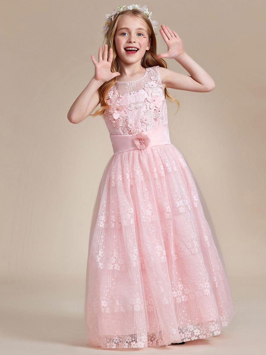 ELPHARINA|Floral Tulle Applique Princess Flower Girl Dress With Satin Back
