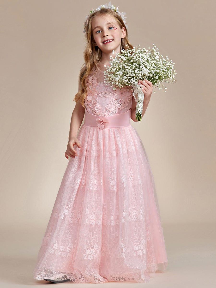ELPHARINA|Floral Tulle Applique Princess Flower Girl Dress With Satin Back