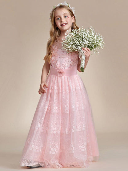 ELPHARINA|Floral Tulle Applique Princess Flower Girl Dress With Satin Back