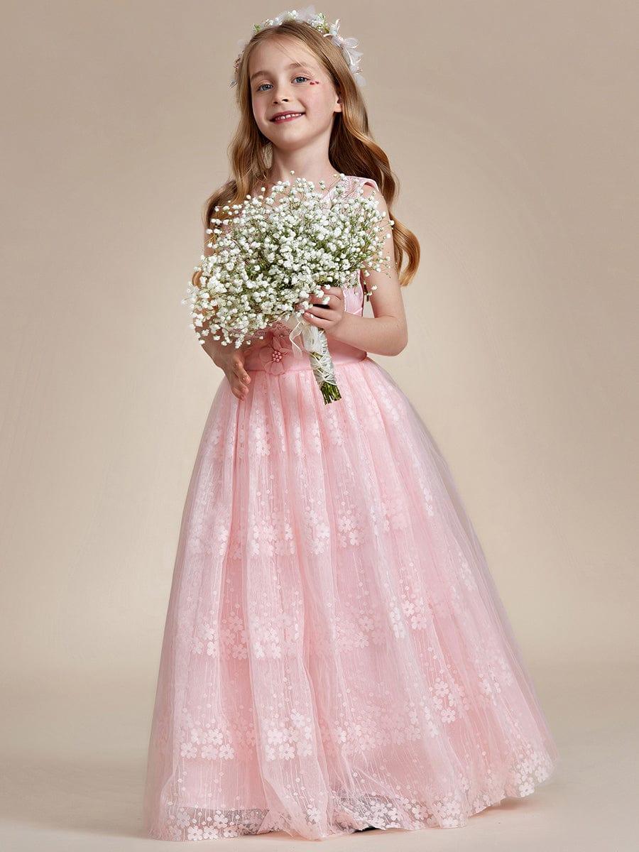 ELPHARINA|Floral Tulle Applique Princess Flower Girl Dress With Satin Back