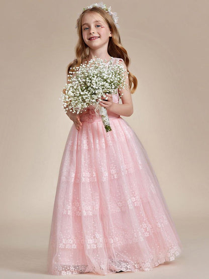 ELPHARINA|Floral Tulle Applique Princess Flower Girl Dress With Satin Back