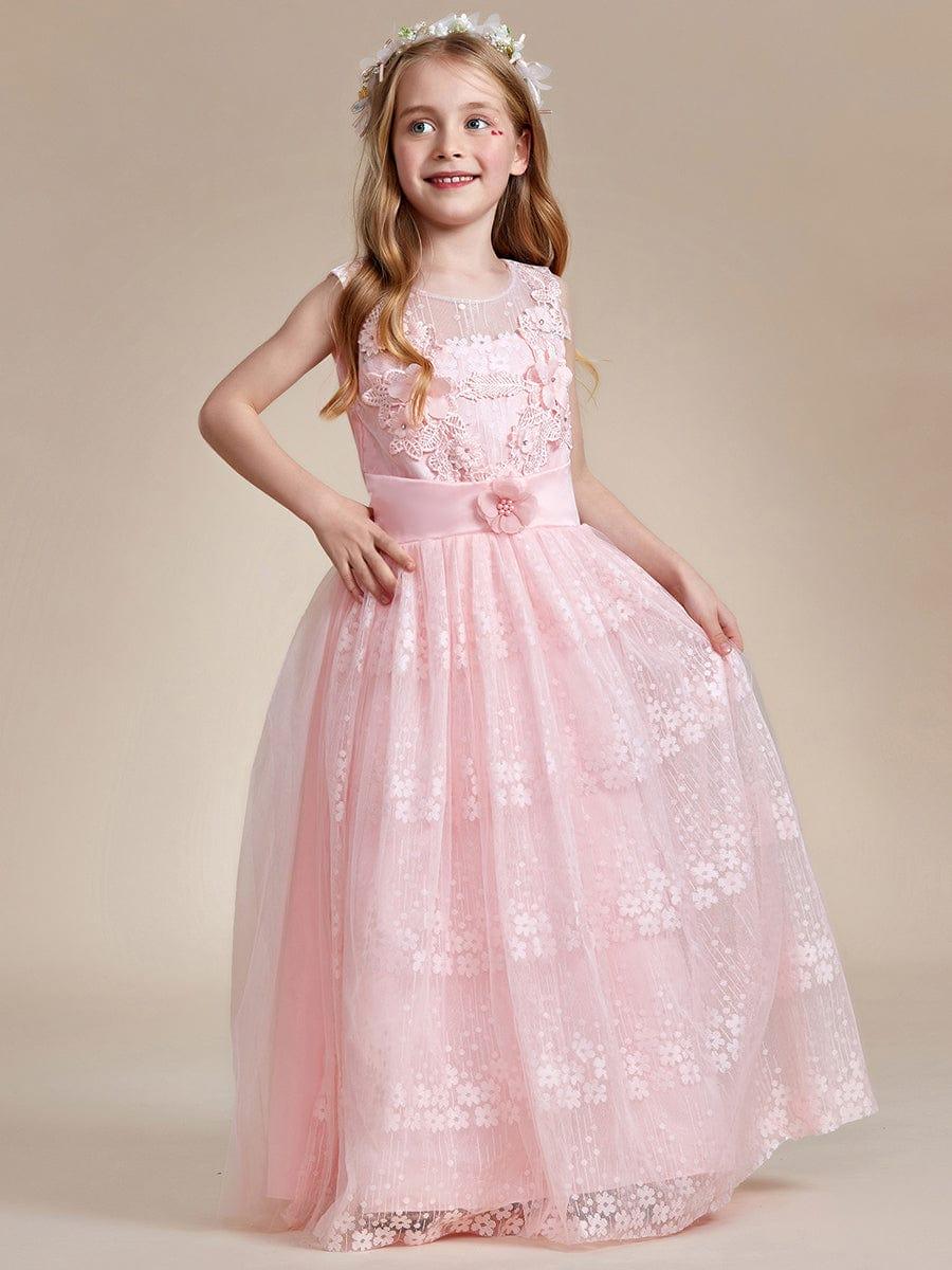 ELPHARINA|Floral Tulle Applique Princess Flower Girl Dress With Satin Back