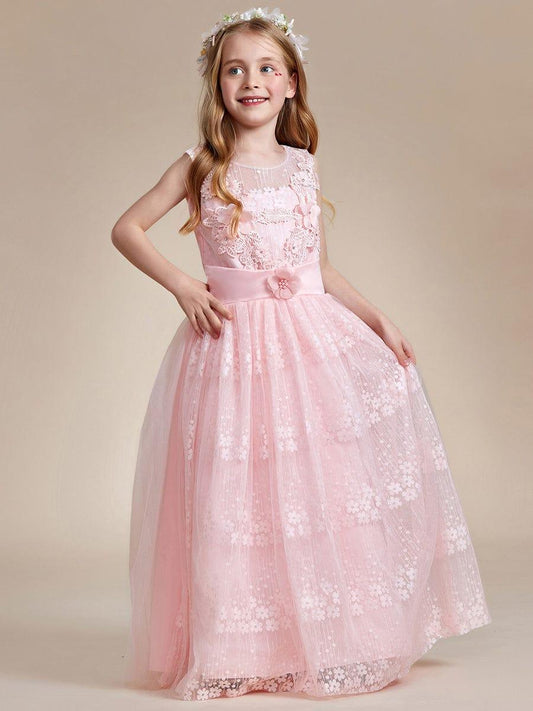 ELPHARINA|Floral Tulle Applique Princess Flower Girl Dress With Satin Back