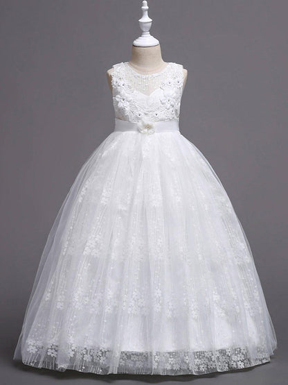 ELPHARINA|Floral Tulle Applique Princess Flower Girl Dress With Satin Back