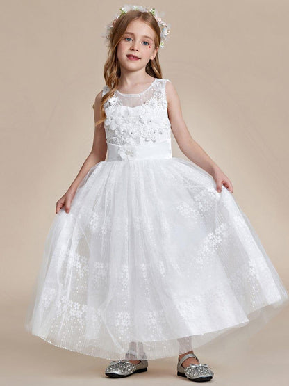 ELPHARINA|Floral Tulle Applique Princess Flower Girl Dress With Satin Back