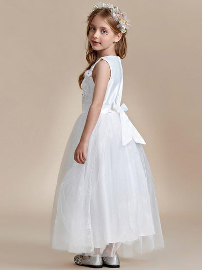 ELPHARINA|Floral Tulle Applique Princess Flower Girl Dress With Satin Back