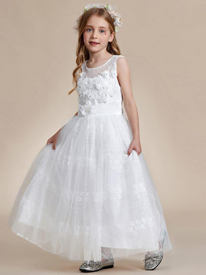 ELPHARINA|Floral Tulle Applique Princess Flower Girl Dress With Satin Back