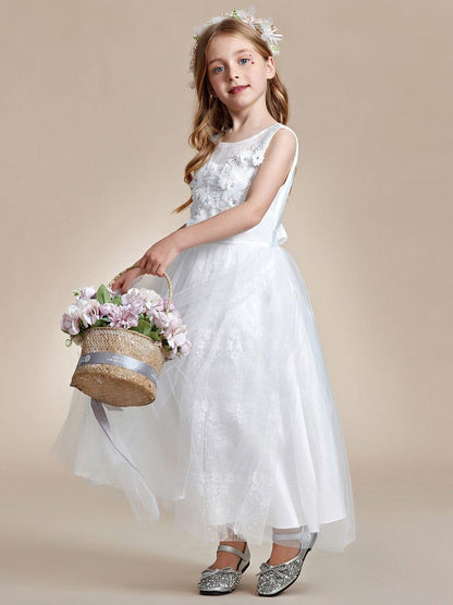 ELPHARINA|Floral Tulle Applique Princess Flower Girl Dress With Satin Back