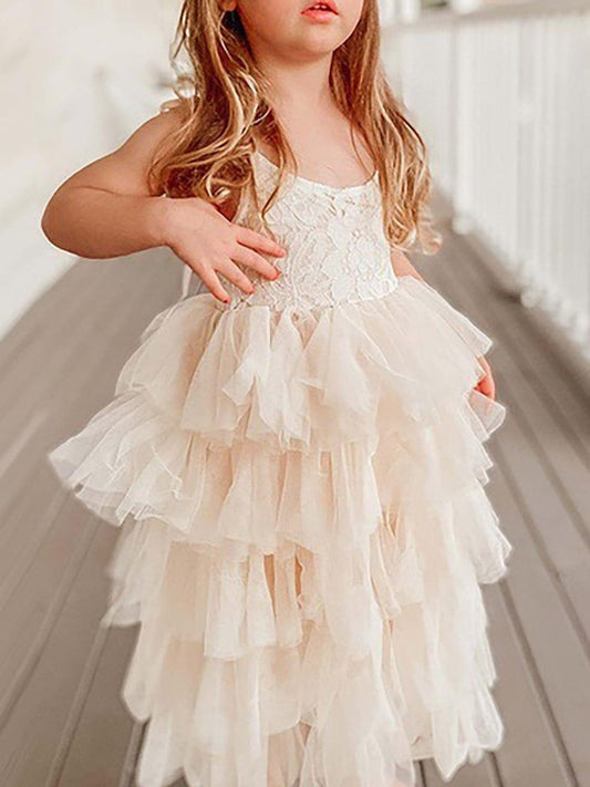 BELLINA|Multi-Layered Tulle Princess Flower Girl Dress with Spaghetti Straps
