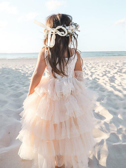 BELLINA|Multi-Layered Tulle Princess Flower Girl Dress with Spaghetti Straps