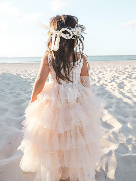 BELLINA|Multi-Layered Tulle Princess Flower Girl Dress with Spaghetti Straps