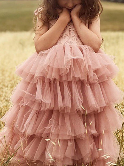 BELLINA|Multi-Layered Tulle Princess Flower Girl Dress with Spaghetti Straps