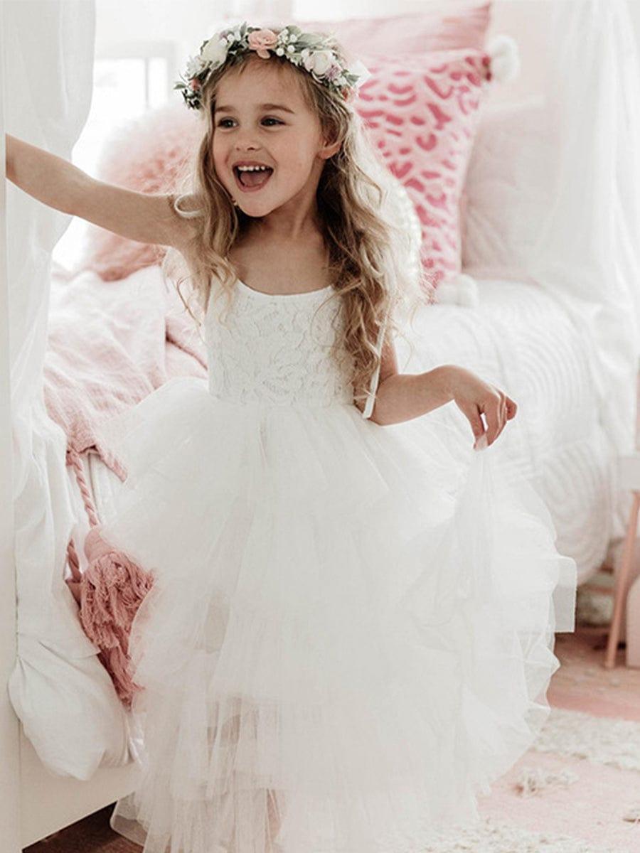 BELLINA|Multi-Layered Tulle Princess Flower Girl Dress with Spaghetti Straps