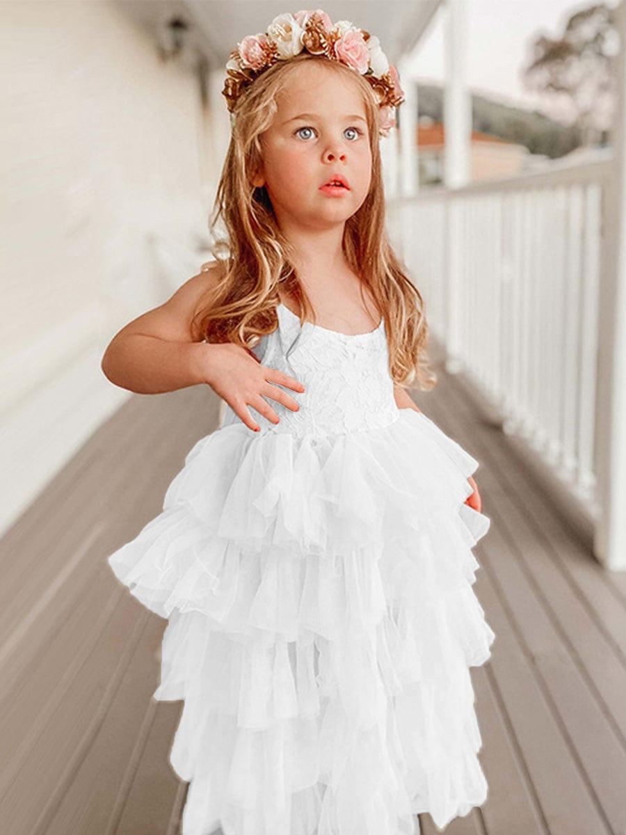 BELLINA|Multi-Layered Tulle Princess Flower Girl Dress with Spaghetti Straps