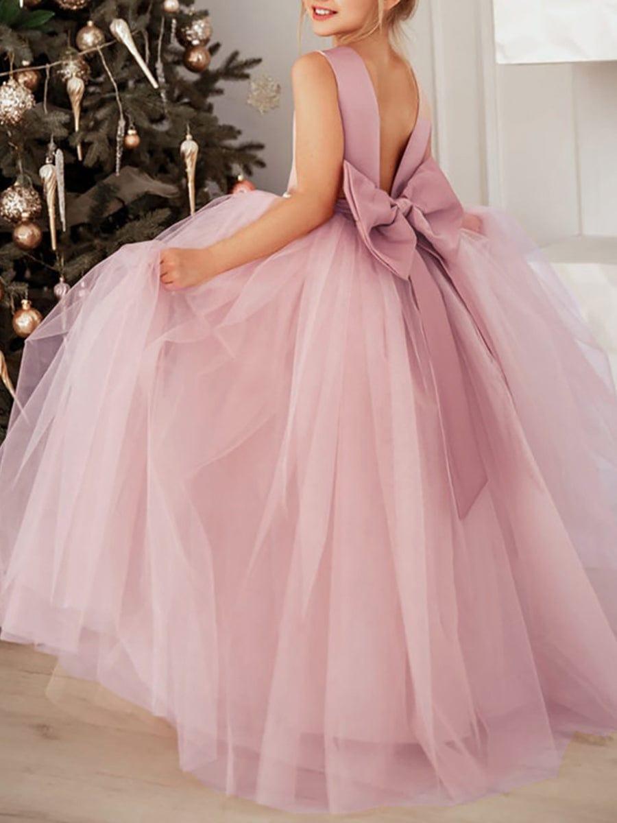 RAPHAELA|Satin Beaded Tulle Princess Flower Girl Dress With Back Bow