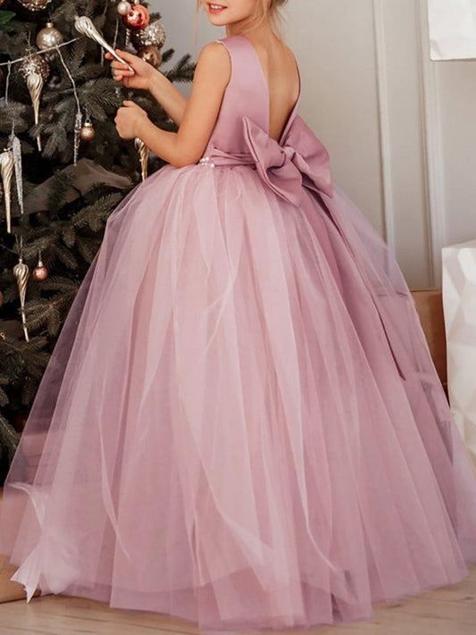 RAPHAELA|Satin Beaded Tulle Princess Flower Girl Dress With Back Bow