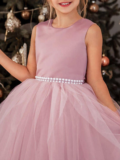 RAPHAELA|Satin Beaded Tulle Princess Flower Girl Dress With Back Bow