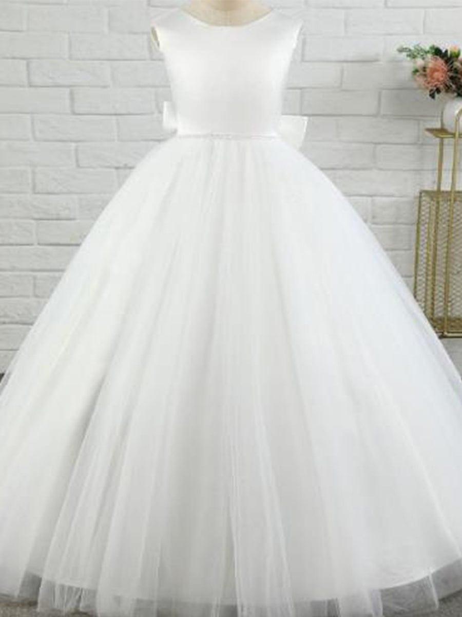 RAPHAELA|Satin Beaded Tulle Princess Flower Girl Dress With Back Bow