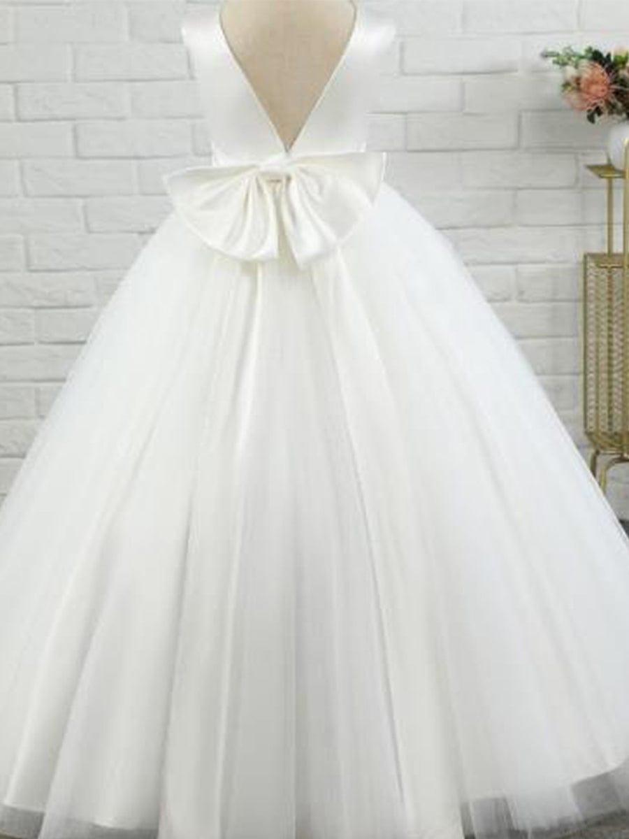 RAPHAELA|Satin Beaded Tulle Princess Flower Girl Dress With Back Bow