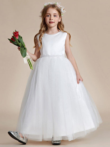 RAPHAELA|Satin Beaded Tulle Princess Flower Girl Dress With Back Bow