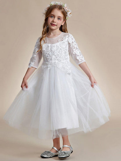 SOLORA|Flower Girl Dress in embroidered lace and tulle with mid-length sleeves