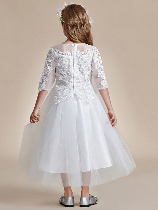 SOLORA|Flower Girl Dress in embroidered lace and tulle with mid-length sleeves